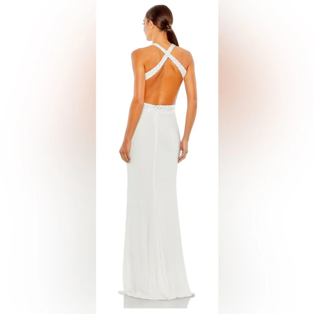 NWT Mac Duggal White Sequined Criss Cross Bodice Gown - Picture 3 of 8